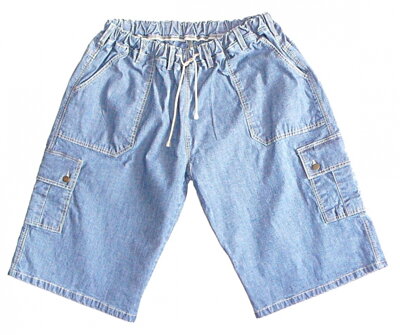 jeans krátké kalhoty v pase do gumy s bočním kapsami modré